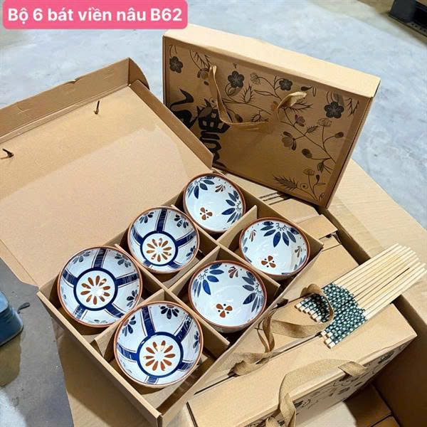 Bộ 6 Bát Viền Nâu B62 Kèm Đũa