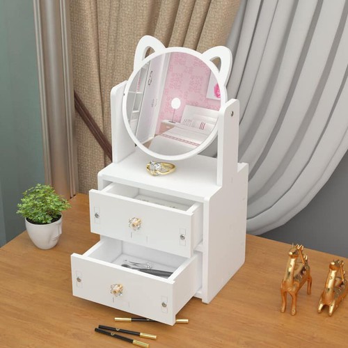 Kệ Mỹ Phẩm Gỗ 2 Ngăn Gương Tai Mèo - Decor Bàn Trang Điểm Cực Xinh