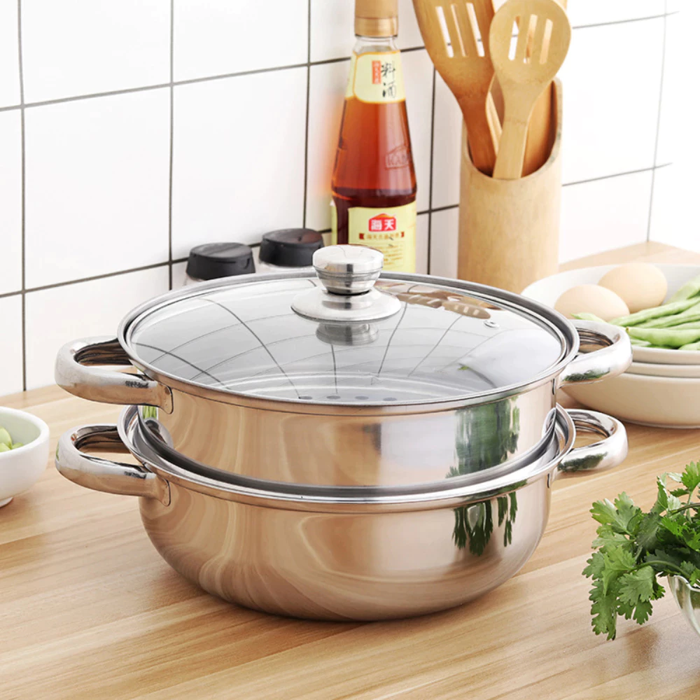 Sỉ Nồi Hấp 2 Tầng Inox 28cm Nắp Kính