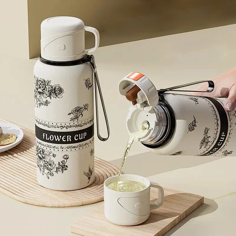 Bình Giữ Nhiệt Flower Cup 600ml – Họa Tiết Vintage, Nắp Kiêm Cốc