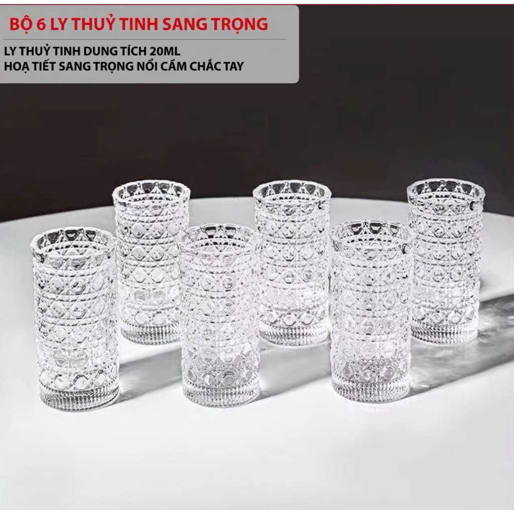 Bộ 6 Ly Thủy Tinh Trong Suốt 20ml – Họa Tiết Kim Cương Sang Trọng