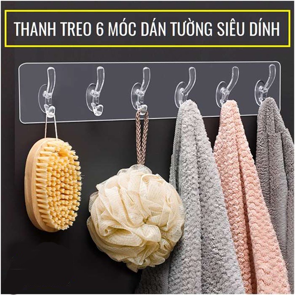 Thanh Treo Đồ 6 Móc Trong Suốt Dán Tường