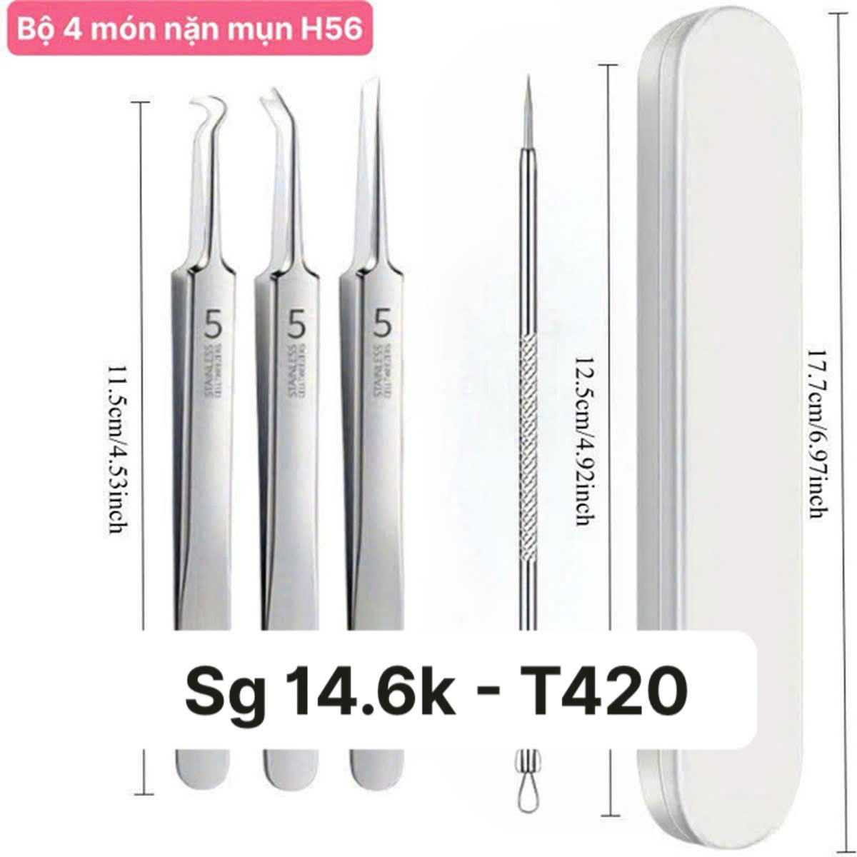 Bộ 4 Món Nặn Mụn H56 Cao Cấp – Inox Không Gỉ, Có Hộp Đựng