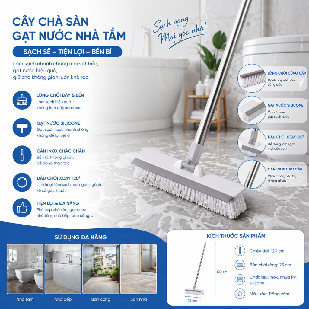 Cây Chà Sàn Nhà Tắm Kèm Gạt Nước 2 Trong 1 – Màu Trắng Xám