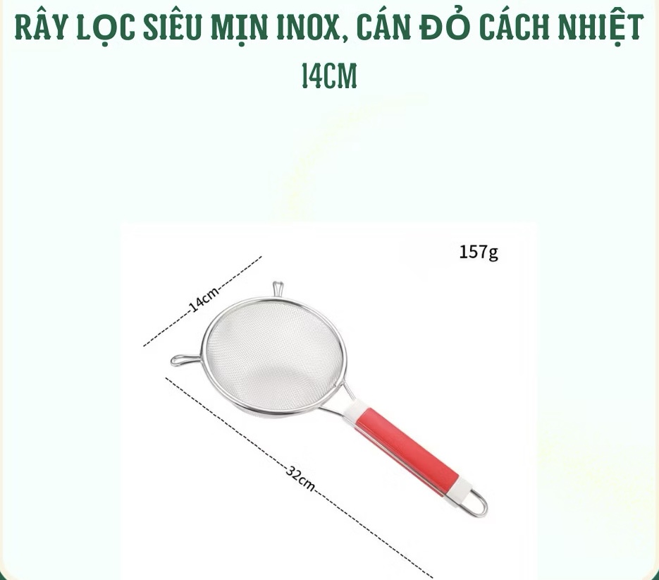 Rây Lọc Siêu Mịn Inox Cán Đỏ Cách Nhiệt 14Cm Cao Cấp