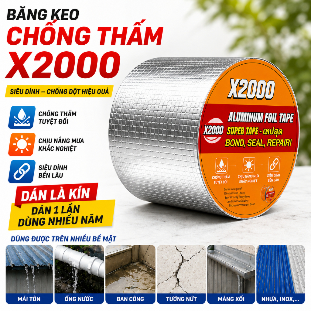 Băng Keo Chống Thấm X2000 Bản 10cm (14kg) Chính Hãng
